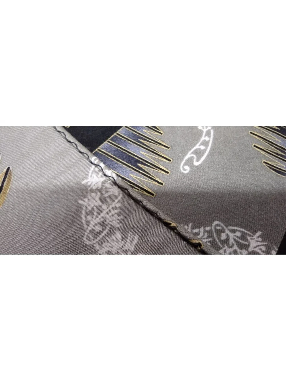 Vintage Fine Silk Hankie Art Deco Design Black Gray Gold Accents 1980s Menswear